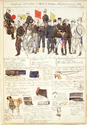 Uniformvariaties van Grote Manoeuvres-campagne van Koninkrijk Italië, kleurplaat door Quinto Cenni
