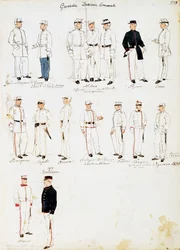 Uniformen van douanebeambten van het Koninkrijk Italië tussen 1873-1878, plaat uit Cenni Codex, collectie van militaire schetsen in aquarel