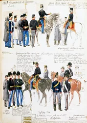 Uniformen van het Groothertogdom Toscane in 1851, plaat uit Cenni codex, verzameling militaire schetsen getekend door Quinto Cenni
