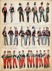 Verschillende Italiaanse uniformen in gebruik rond 1860 door Quinto Cenni, kleurenplaat