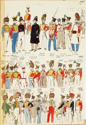 Verschillende uniformen, daterend van 1826 tot 1829. Kleurplaat door Cenni Quinto