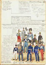 Verschillende uniformen van het Hertogdom Parma uit 1845. Kleurplaat door Cenni Quinto