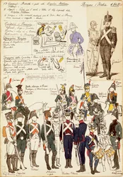 Verschillende uniformen van het Koninkrijk Italië uit 1805. Kleurenplaat door Cenni Quinto