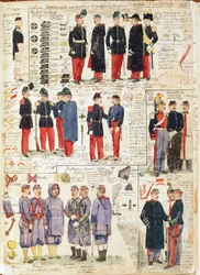 Verschillende uniformen van de Pauselijke Staten uit 1865. Kleurenplaat door Cenni Quinto