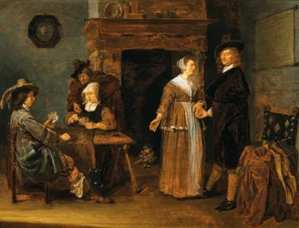 Duits: "Lockere Gesellschaft", twee vrouwen en drie mannen aan de kaarttafel Interieur met kaartspelers