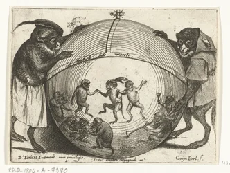 Twee apen houden een wereldbol vast Verschillende bedrijven uit het menselijke leven door apen voorgesteld het Apespel inde werelt