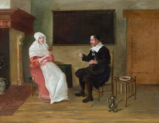 Een interieur met een zittende man en vrouw (olieverf op paneel)
