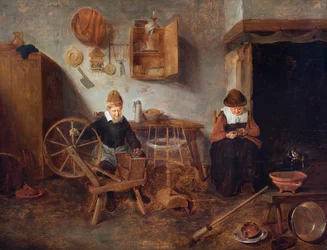 Een interieur met een spinnende oude man en een naaiende oude vrouw naast een vuur (olieverf op paneel)