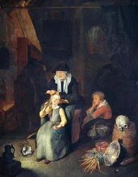 Cottage-interieur met vrouw die het haar van een meisje kamt