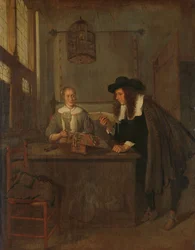 Interieur met kantwerkster en een bezoeker