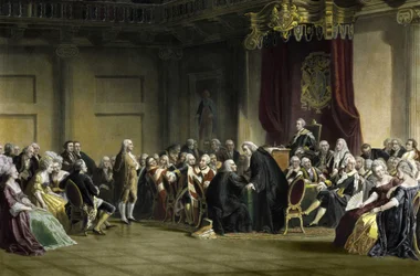 Benjamin Franklin (1706-1790), Amerikaanse filosoof, natuurkundige en staatsman voor de Lords of the Privy Council, Whitehall Chapel, Londen.