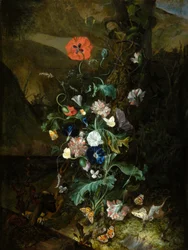 Een arrangement van bloemen bij een boomstam, c.1683