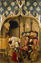 Visioen tijdens preek, detail van linker paneel van St Bernand Altaarstuk door Rafael Tomas, predella door Joan Figuera