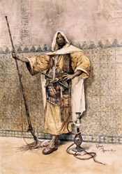 Oriëntalisme: Portret van een Arabische man, soldaat met wapens, hij draagt messen aan de riem.