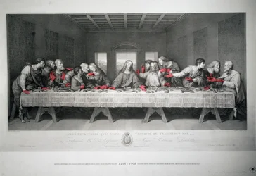 Gravure gemaakt ter gelegenheid van het 5e eeuwfeest van het Laatste Avondmaal door Leonardo da Vinci in Santa Maria delle Grazie, Milaan