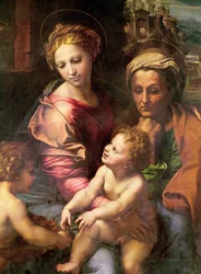 De Heilige Familie (of De Parel), detail: de Maagd, de heilige Elisabeth en het Kind, ca. 1518