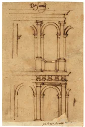 Een schets van het Theater van Marcellus, Rome (pen en bruine inkt, op geolied calqueerpapier)