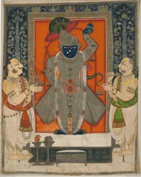 Priesters die Krishna aanbidden als Shrinathji voor het Voedselfestival [Annakuta utsava]; tempelkleed [pichhavai]