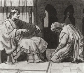 Walteof, graaf van Northumbria voor koning Willem I (gouache op papier)