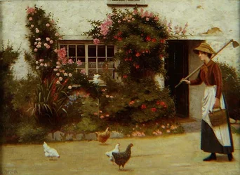 Jong meisje met een schoffel buiten een huisje