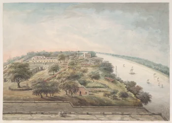 Vogelvluchtperspectief van boven op het opiumpakhuis in Patna