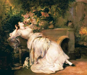 Vrouw in een tuin. Schilderij van Ramón Martí i Alsina (1826-1894), tweede helft van de 19e eeuw.