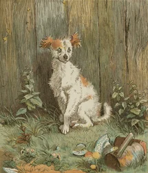 Een elegie over de dood van een dolle hond door Oliver Goldsmith. Zwerfhond bevriend door goede man van Islington. Illustratie door Randolph Caldecott