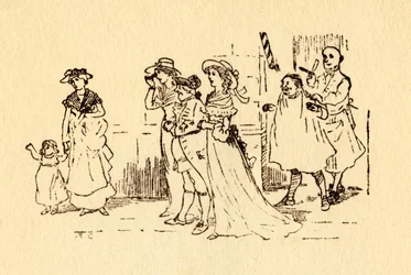 Omstanders kijken toe terwijl John Gilpin voorbij galoppeert, 1878