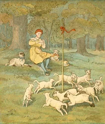 De boerenjongen speelt op zijn fluit terwijl de lammetjes rond zijn herdersstaf dansen, ca. 1881