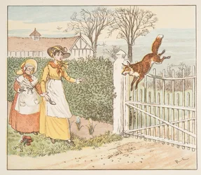 De vos springt over de poort van de dominee, uit Het Hey Diddle Diddle Prentenboek, uitgegeven 1882