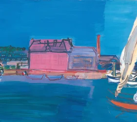 Boten zee kleine vlaggen huizen kleine haven dok zeilen