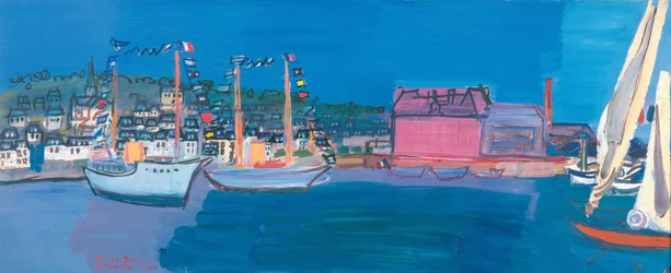Boten zee kleine vlaggen huizen kleine haven dok zeilen
