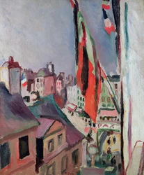 De straat versierd met vlaggen