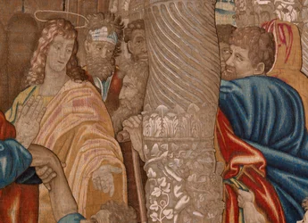 Vlaamse wandtapijt. Serie Daden van de Apostelen. Het wonder van de lamme man. Derde wandtapijt in de serie. Model Carton door Rafael Sanzio. 1519. Fabriek Jan Raes II, Brussel. Ca 1605-1629.