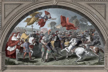 Voorstelling van paus Leo I de Grote (390-461) tegen de leider van de Hunnen Attila (ca. 395-453) in 452 in Mantua - Barbarse invasies - (Paus Leo I de Grote ontmoet de Hunnenkoning Attila in 452) (naar Raphael)