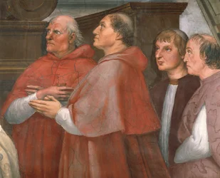 Kardinaal Raffaele Riario met omstanders, detail van De Mis in Bolsena