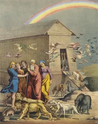 Noach, zijn familie en de dieren komen uit de ark na de zondvloed