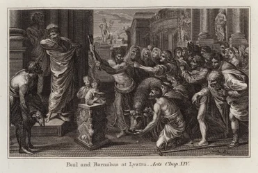 Raphael cartoon: Paulus en Barnabas in Lystra, Handelingen, Hoofdstuk XIV (gravure)