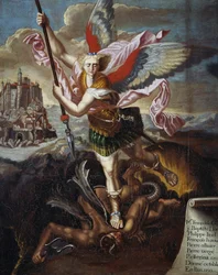 St. Michael en de Duivel, door Raphael Sanzio, ex-voto van zes pelgrims op pelgrimstocht naar Mont Saint-Michel