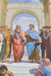 Aristoteles en Plato: detail uit De school van Athene in de Stanza della Segnatura