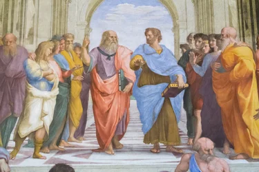 Aristoteles en Plato: detail uit De School van Athene in de Stanza della Segnatura