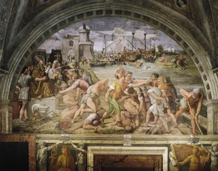 Bovenlicht, fresco door Raffaello Sanzio en volgelingen, met de Slag bij Ostia, Stanza dell