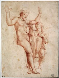 Psyche presenteert aan Venus het water van de Styx. Tekening met rood krijt door Raffaello Sanzio, ook bekend als Raphael (1483-1520)