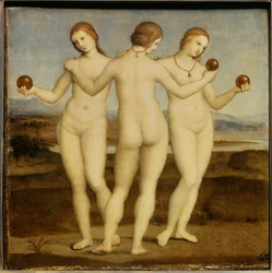 De drie gratiën. Schilderij van Raffaello Sanzio, genaamd Rafaël (1483-1520). 1504-1505. Chantilly. Musée Condé.