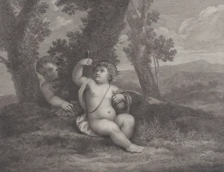 De jonge Bacchus zittend onder een boom, een wijnglas ophoudend, met een andere jonge achter hem, 1780