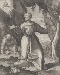 Sint Franciscus knielend met uitgestrekte armen, kijkend naar een cherub linksboven...