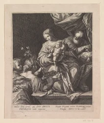 Heilige familie met twee engelen