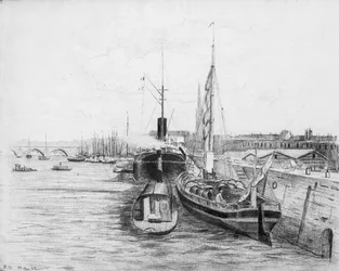 Boten in de haven van Bordeaux, ca 1900 (potlood en houtskool op papier)