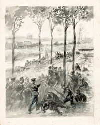 Close combat tussen Fransen en Duitsers (inkt op papier)