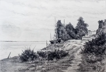 Scheepswerf aan de monding van de Gironde (potlood en houtskool op papier)